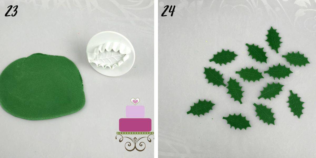 Rolled green fondant with a holly leaf cutter and green fondant holly leaves.