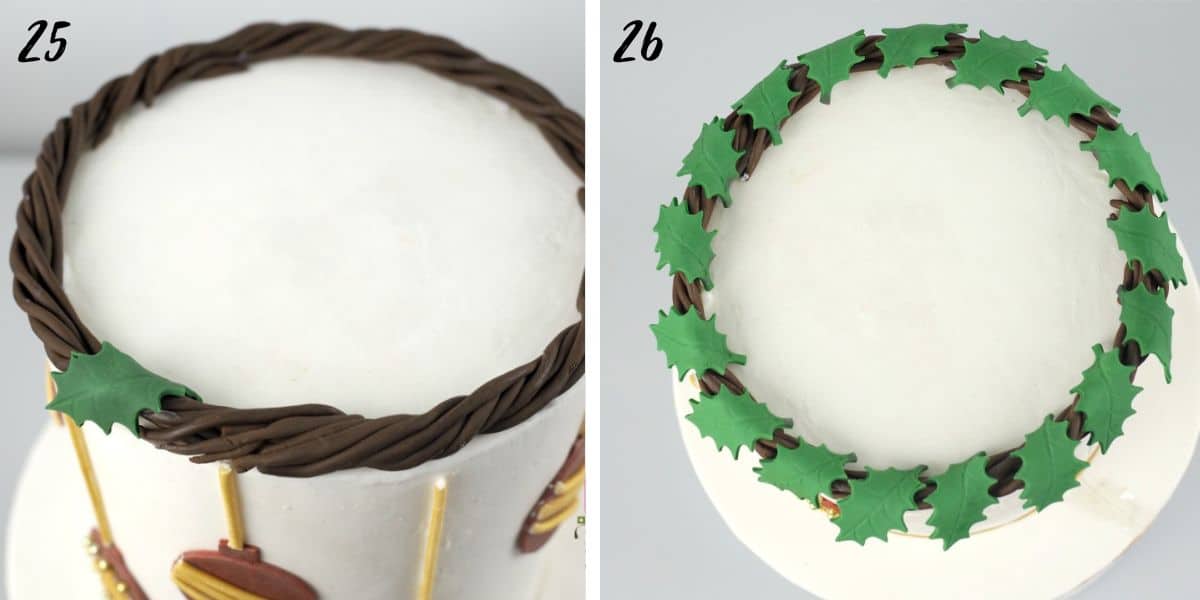 Attaching holly leaves to fondant wreath and holly leaves on a fondant wreath.