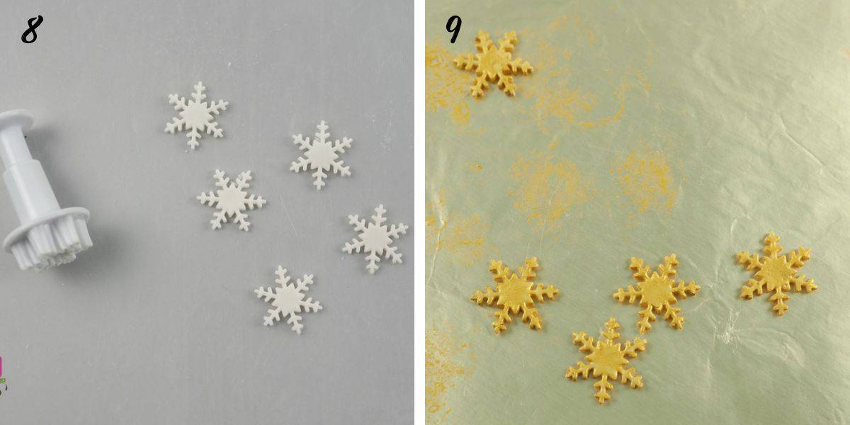 White fondant snowflakes with snowflakes cutter on the side and gold painted snowflakes.
