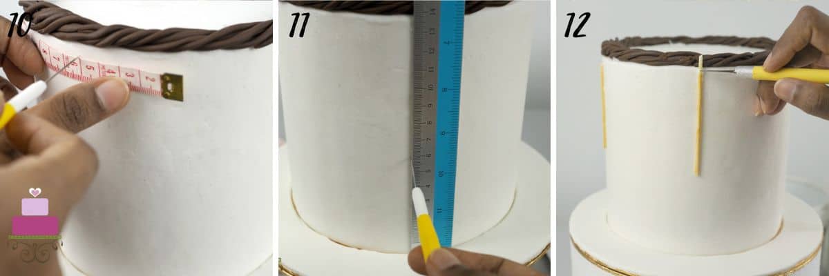 Measuring and marking on a cake.