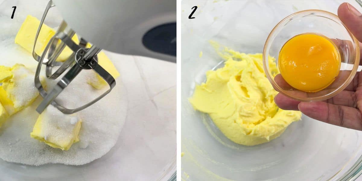 Creaming butter and sugar with a cake mixer and adding egg yolk into a bowl of creamed mixture.