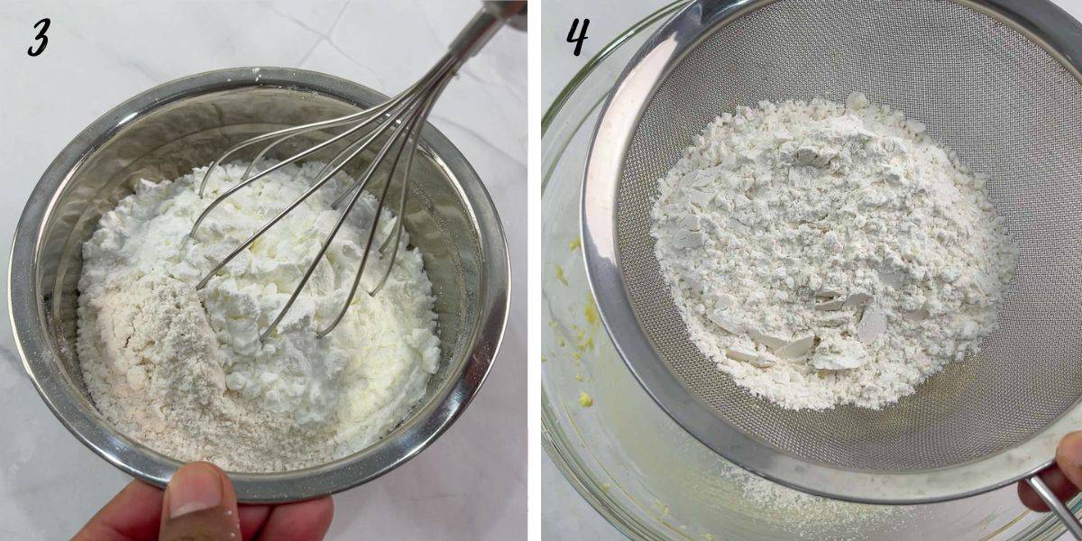 Using a hand whisk to mix flour and sifting flour into a large bowl.