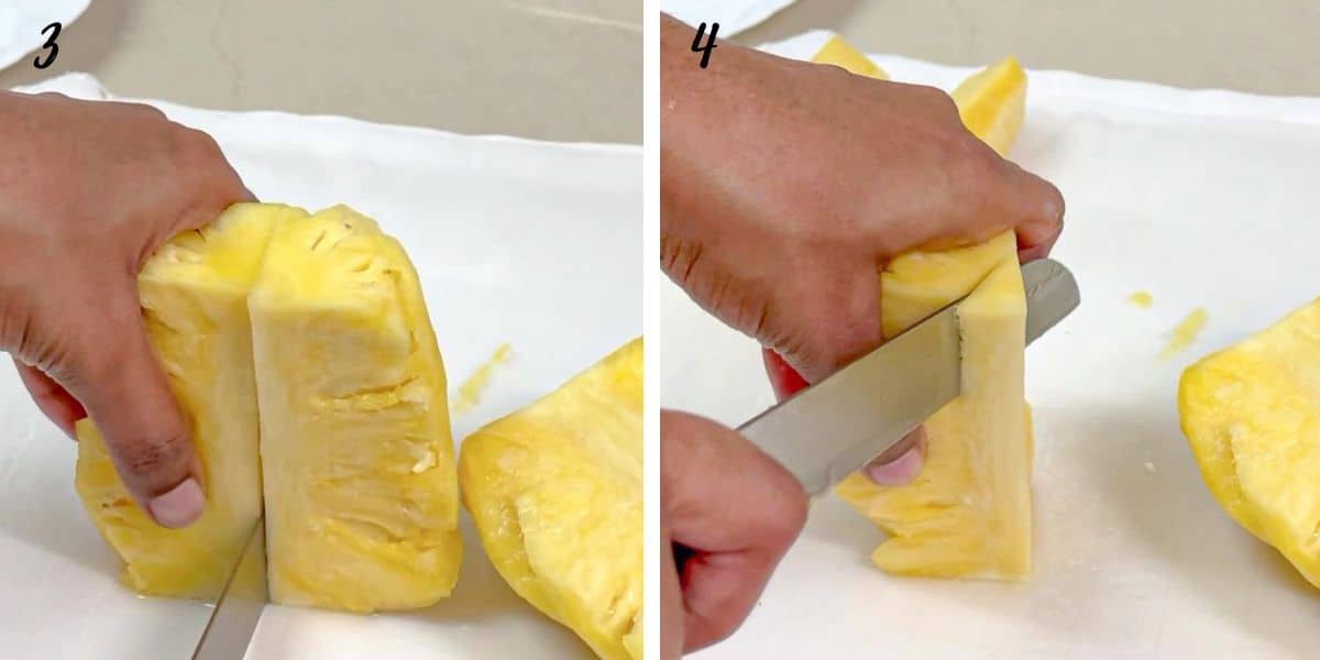 Cutting a pineapple into quarters and slicing off the core.