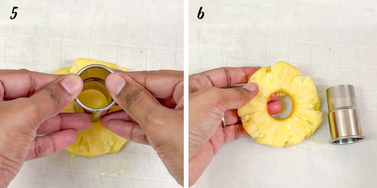 Using a round cutter to core pineapple rings and a cored pineapple ring.