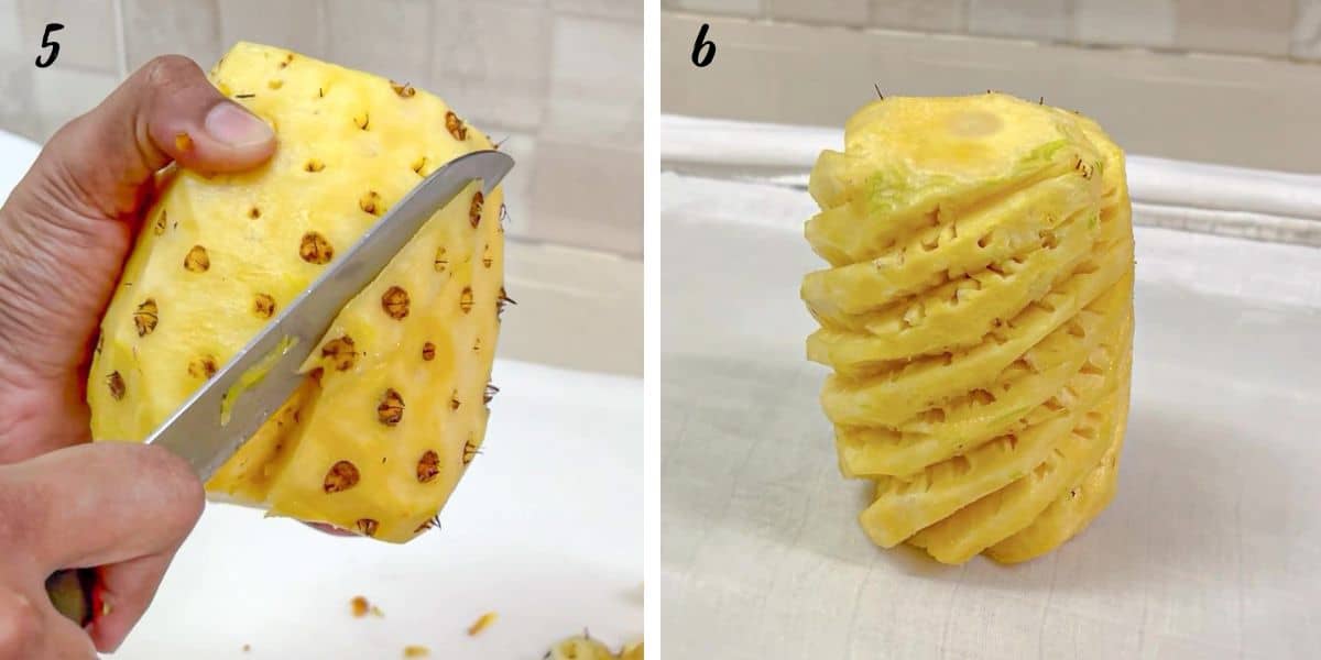 Cutting the eyes off a pineapple.