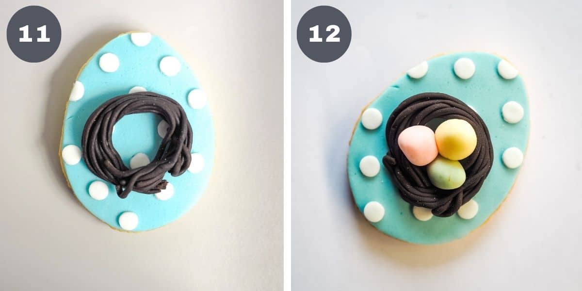 Attaching 3d fondant nest with 3 3D eggs to an egg shaped cookie.