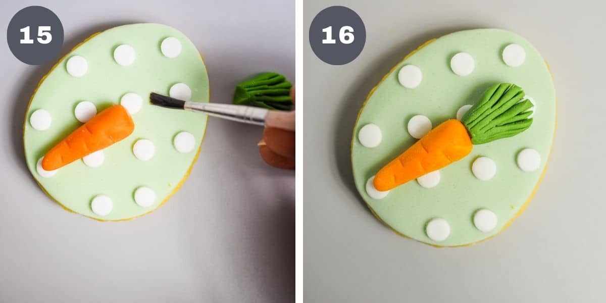 Attaching fondant carrot to egg shaped cookies.