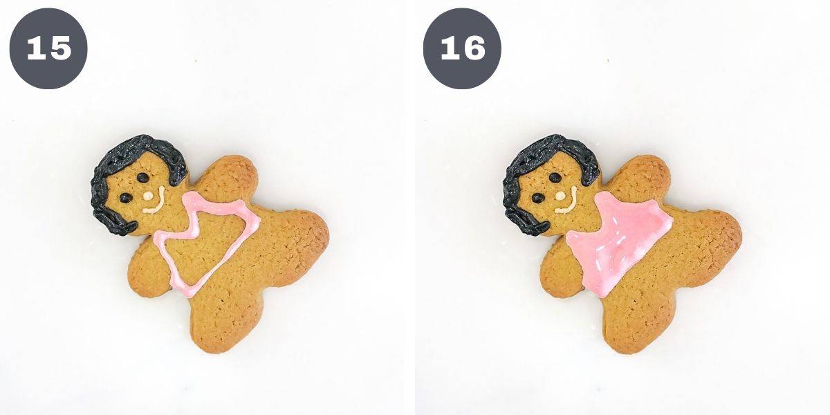 Piping pink blouse on a gingerbread cookie.