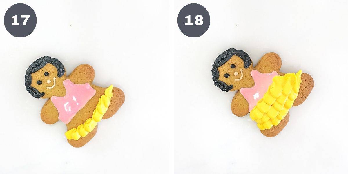 Gingerbread girl cookies decorated in pink and yellow dress.