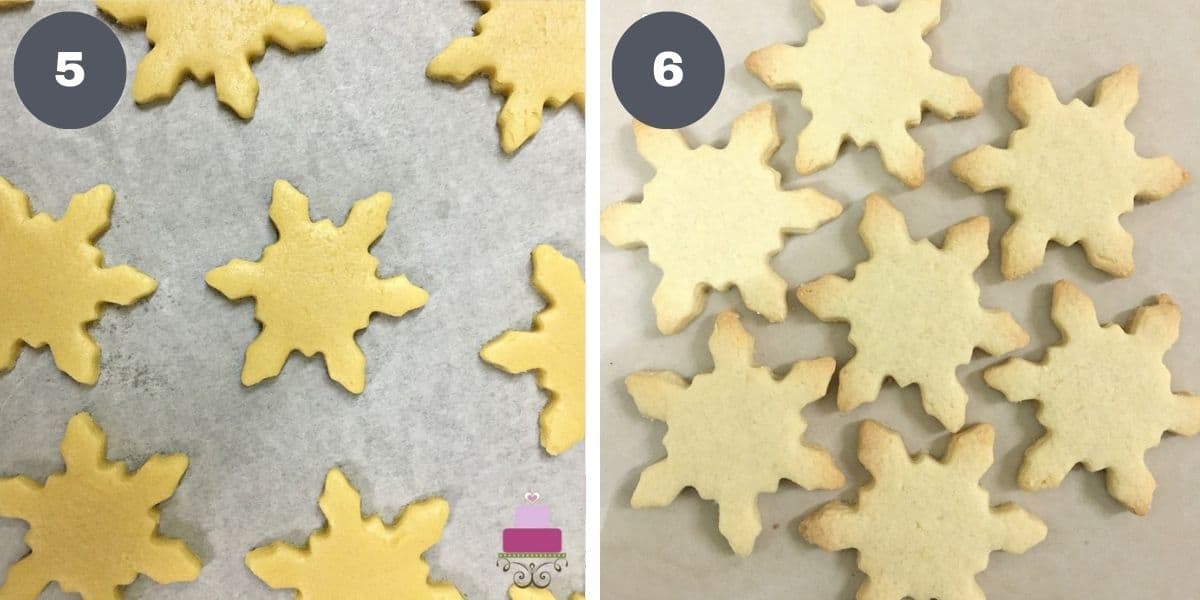 Snowflake shaped cookies, baked and unbaked.