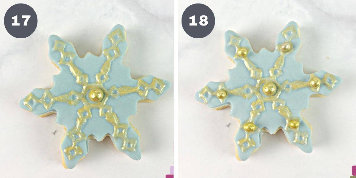 Snowflake shaped cookies decorated in blue and gold.