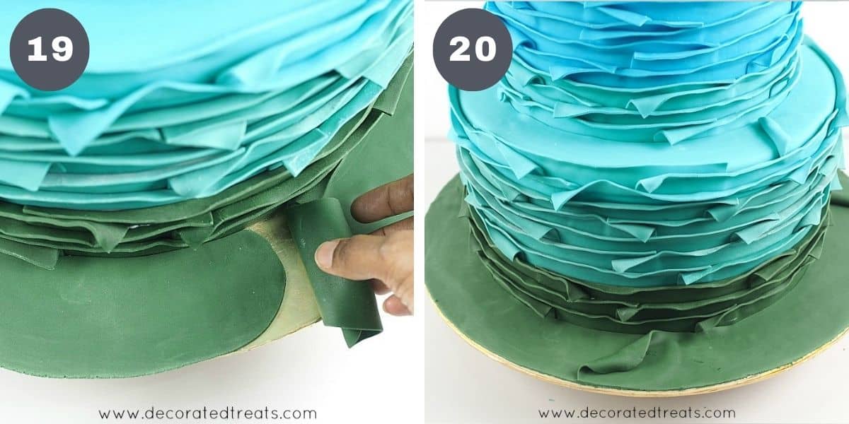 Covering cake board with green fondant.