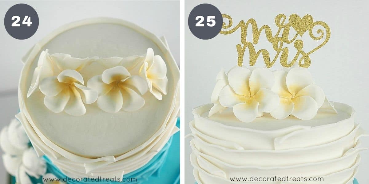 Gum paste plumeria and Mr and Mrs cake topper on a cake.