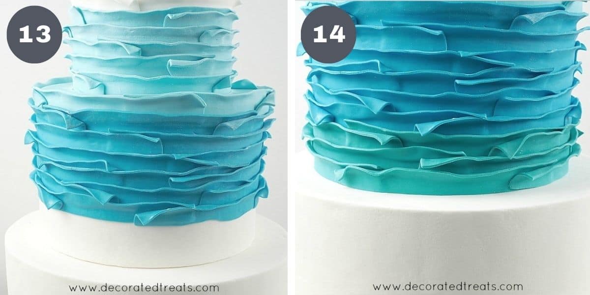 A cake covered in stripes of fondant in blue, turquoise and green.