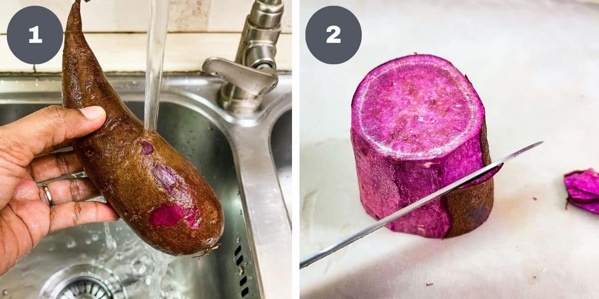 Rinsing ube under a tap, and peeling the skin with a knife.