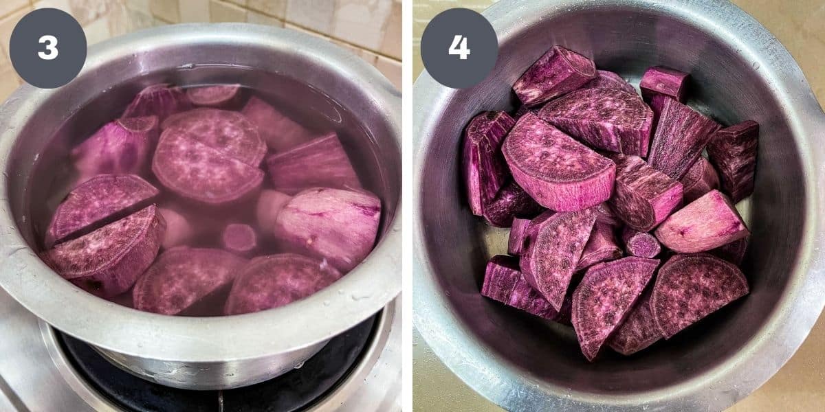 Chopped ube in a pot of water.