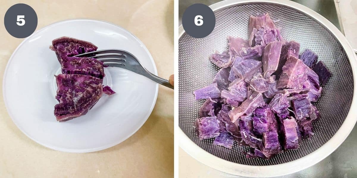 Using a fork to cut a cooked ube piece and cooked ube in a colander.
