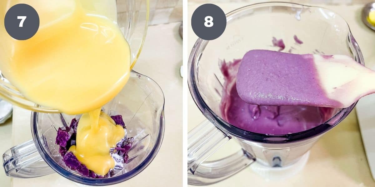 Pouring condensed milk into a blender jug filled with cooked ube and smoothly processed ube paste in a blender jug.