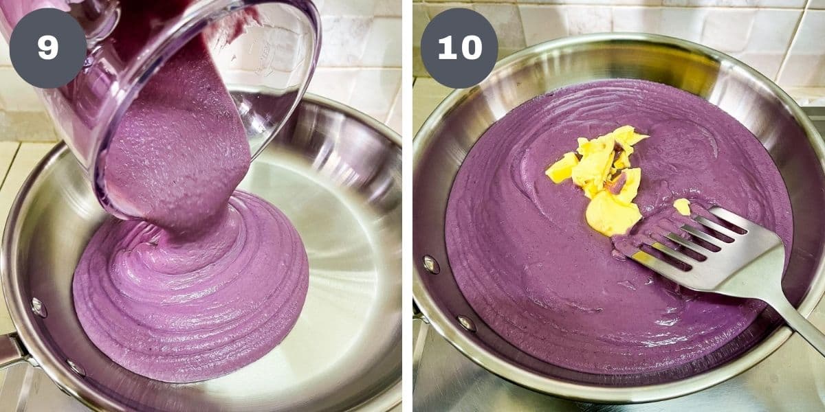 Pouring processed ube into a large saucepan and adding butter to it.