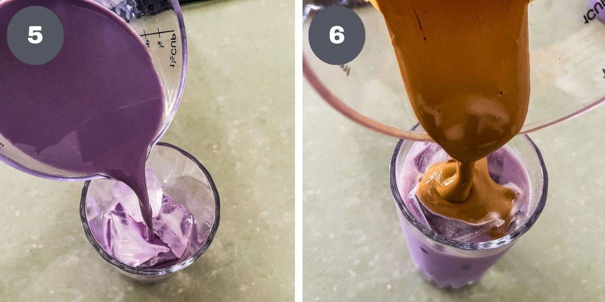 Pouring ube milk into a glass of ice cubes and topping it with whipped coffee.