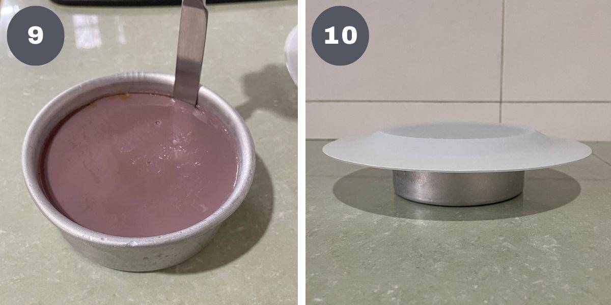 Using a knife to cut around a round cake tin and a white plate on a round tin.