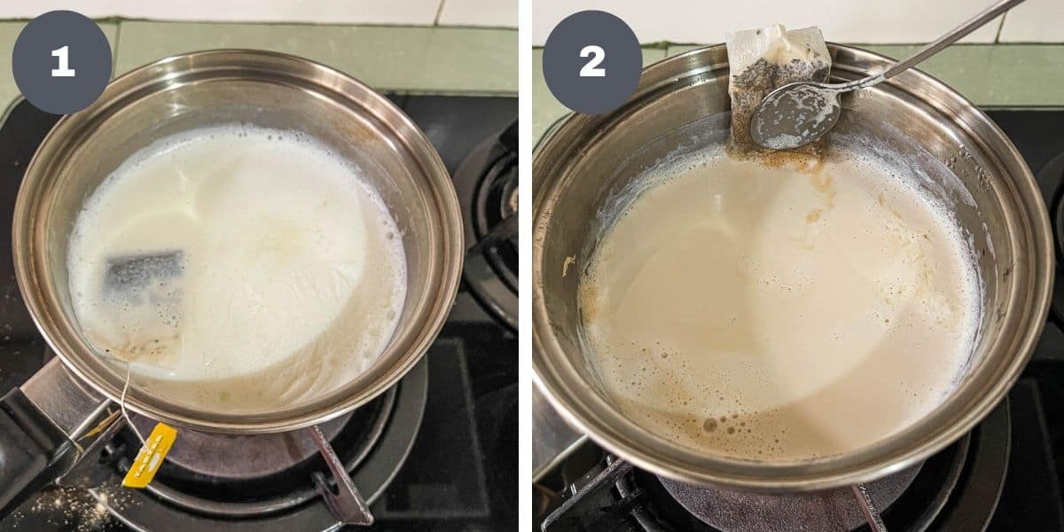 Tea bag in a saucepan of milk and squeezing a tea bag on the side of a pan.