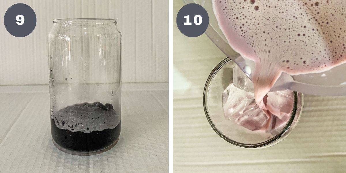 A glass filled with boba and pouring ube milk tea into a glass of ice cubes.