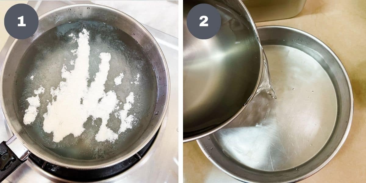 Jelly powder in a saucepan of water and pouring liquid into a round tin.