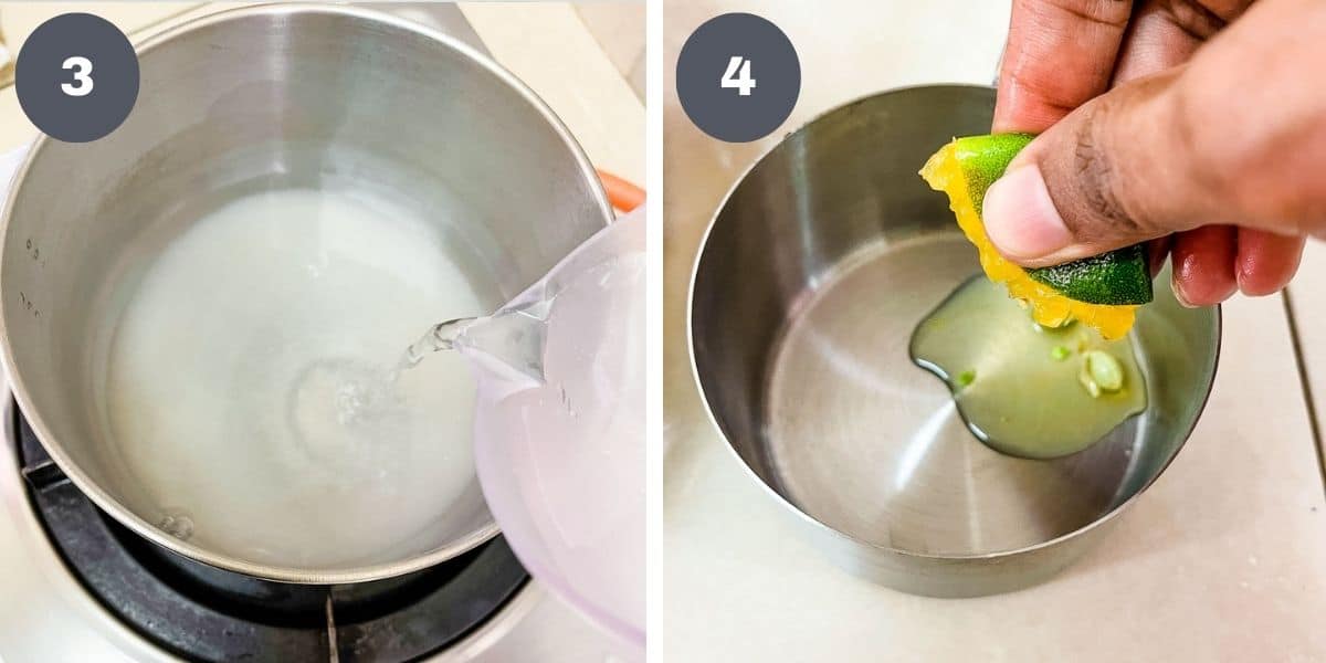 Pouring water into a saucepan and squeezing limes into a pan.
