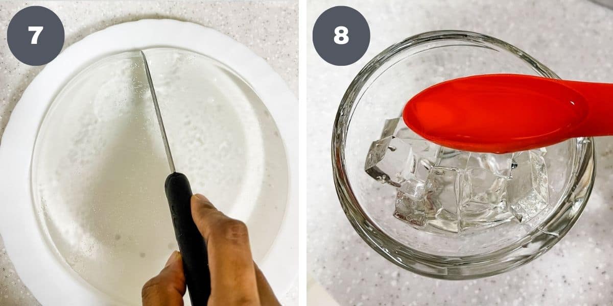 Cutting jelly on a white plate and pouring syrup into a dessert bowl.
