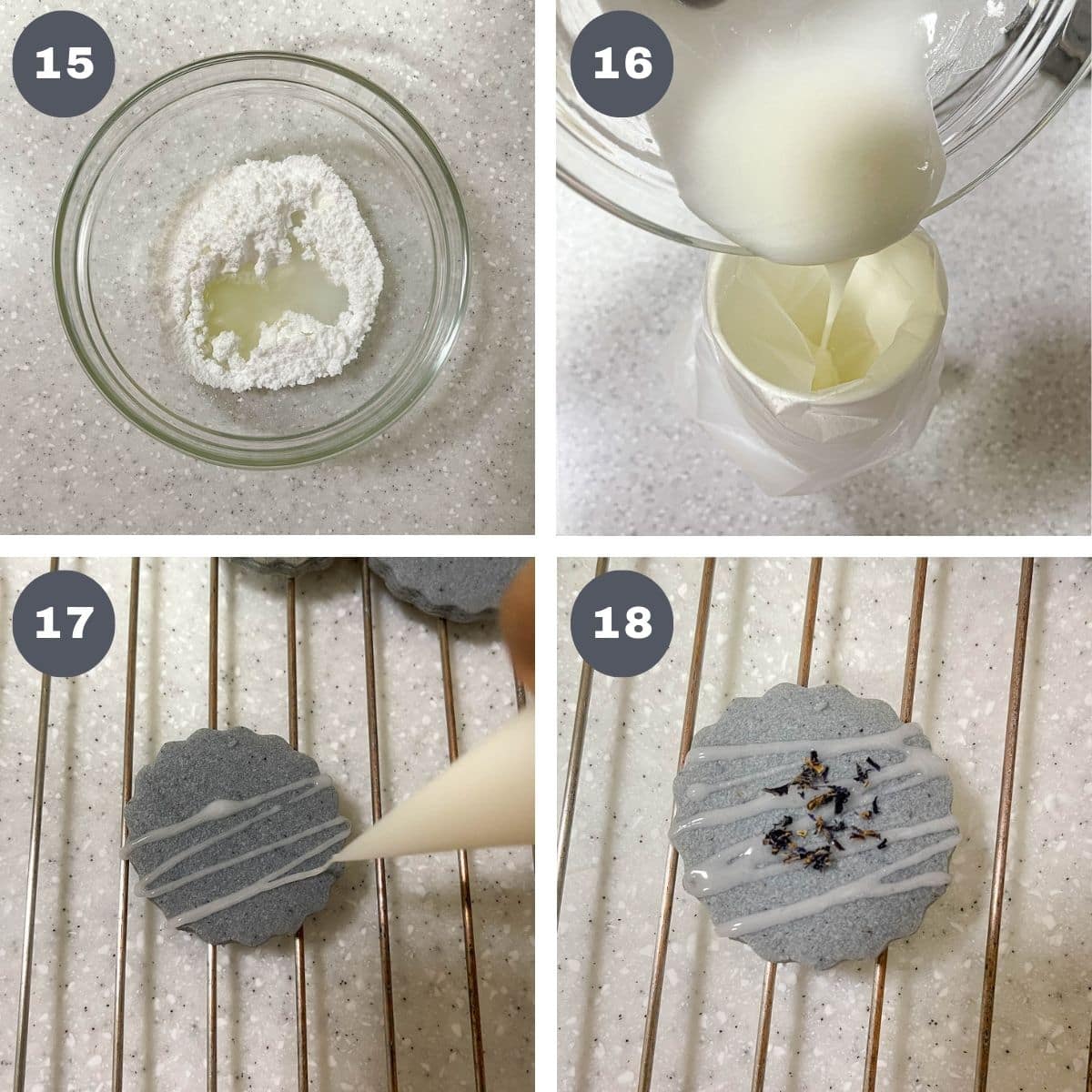 A poster of 4 images showing how to make glaze and how to drizzle on cookies.