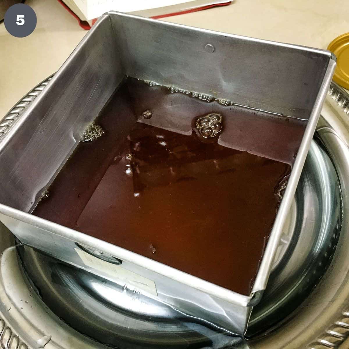 Brown agar agar layer in a square tin.