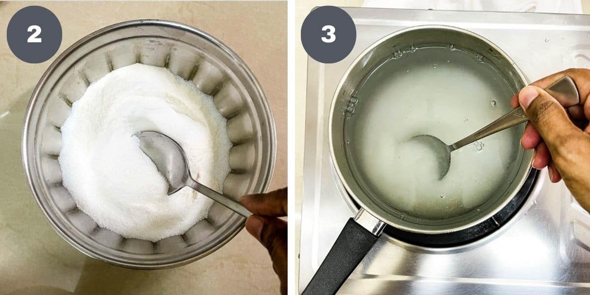 Mixing sugar and agar agar powder in a bowl and stirring sugar in a saucepan of water.