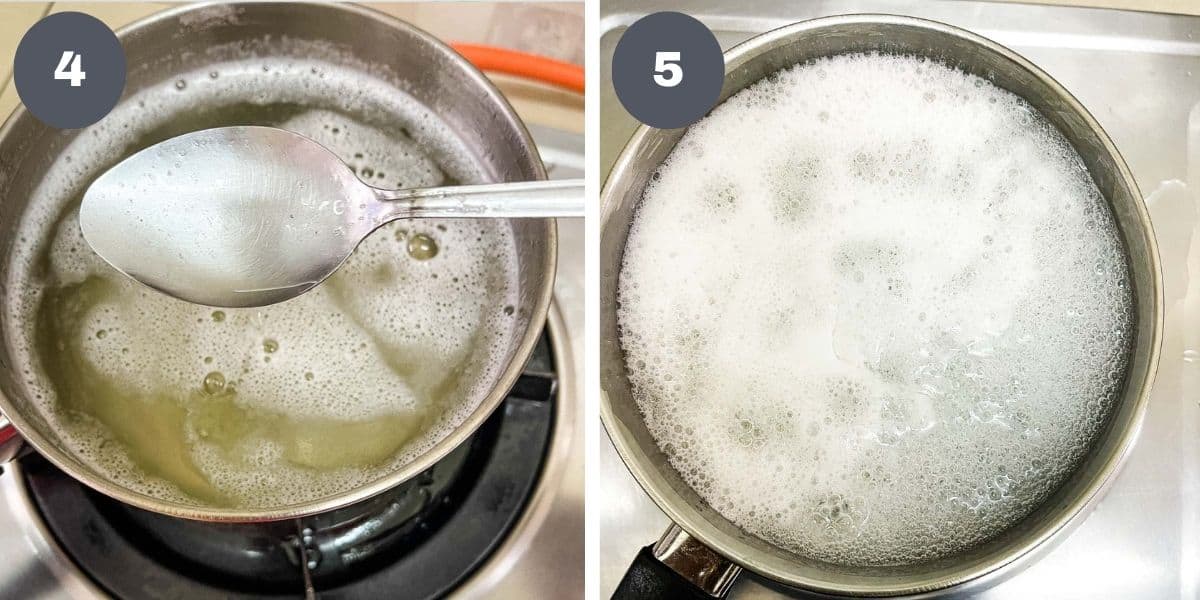 Using a spoon to stir agar agar jelly, and boiling jelly in a saucepan.