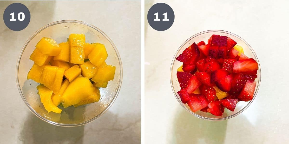 Mango cubes in a cup and cut strawberries in a cup.