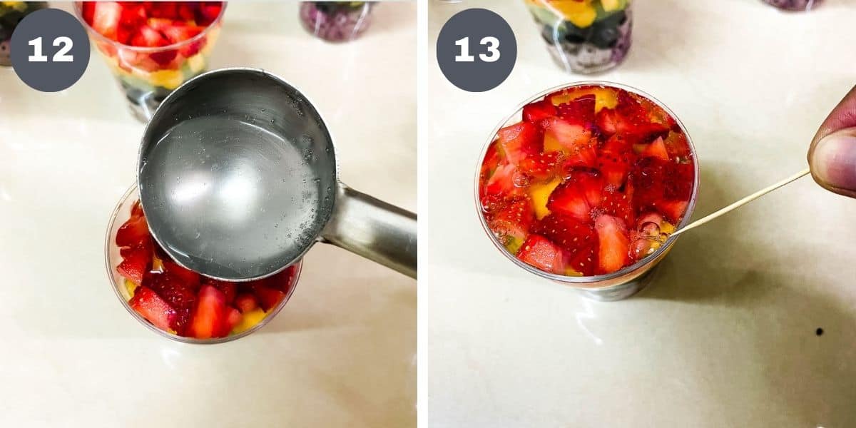 Pouring jelly into fruit cups.