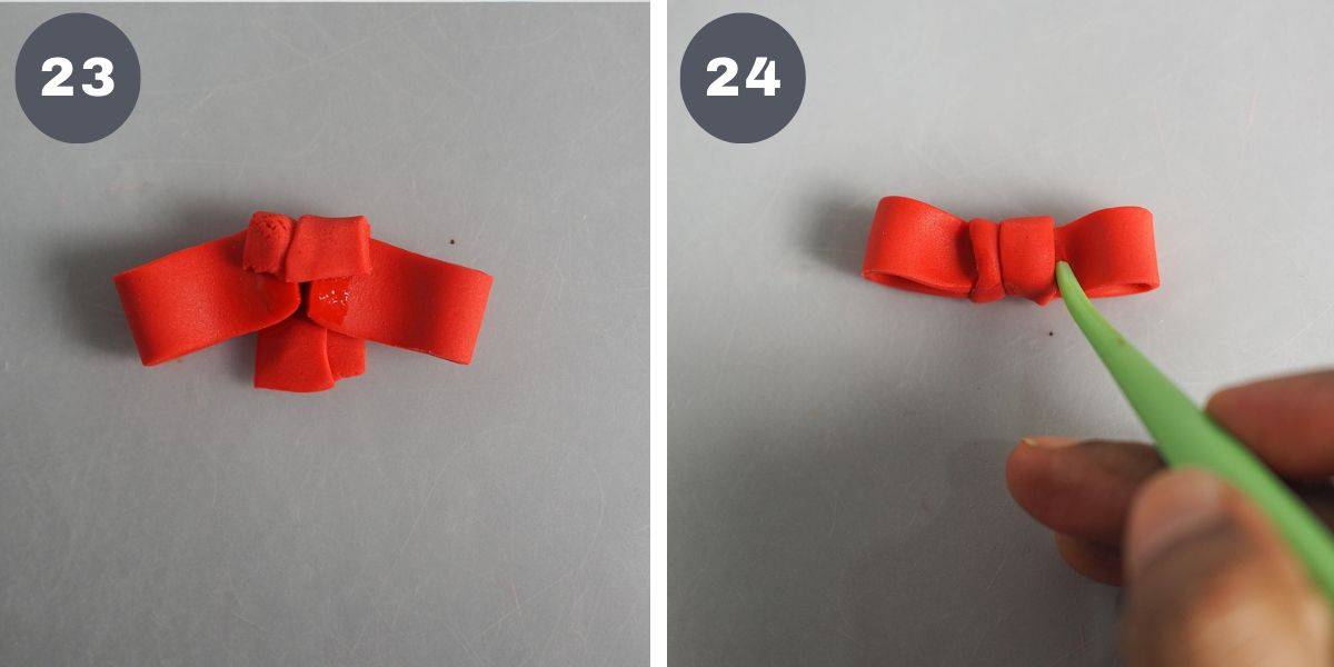 A poster of 2 images showing how to assemble 2 loops to make fondant bow.