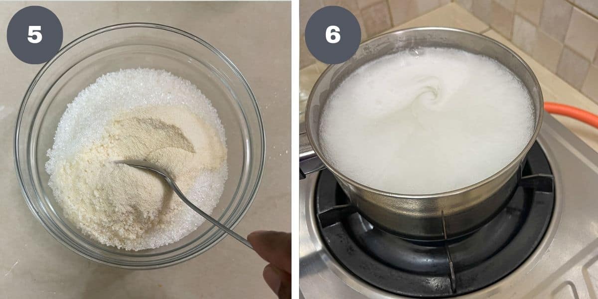 Mixing sugar and agar agar powder in a bowl and a saucepan of boiling jelly solution.
