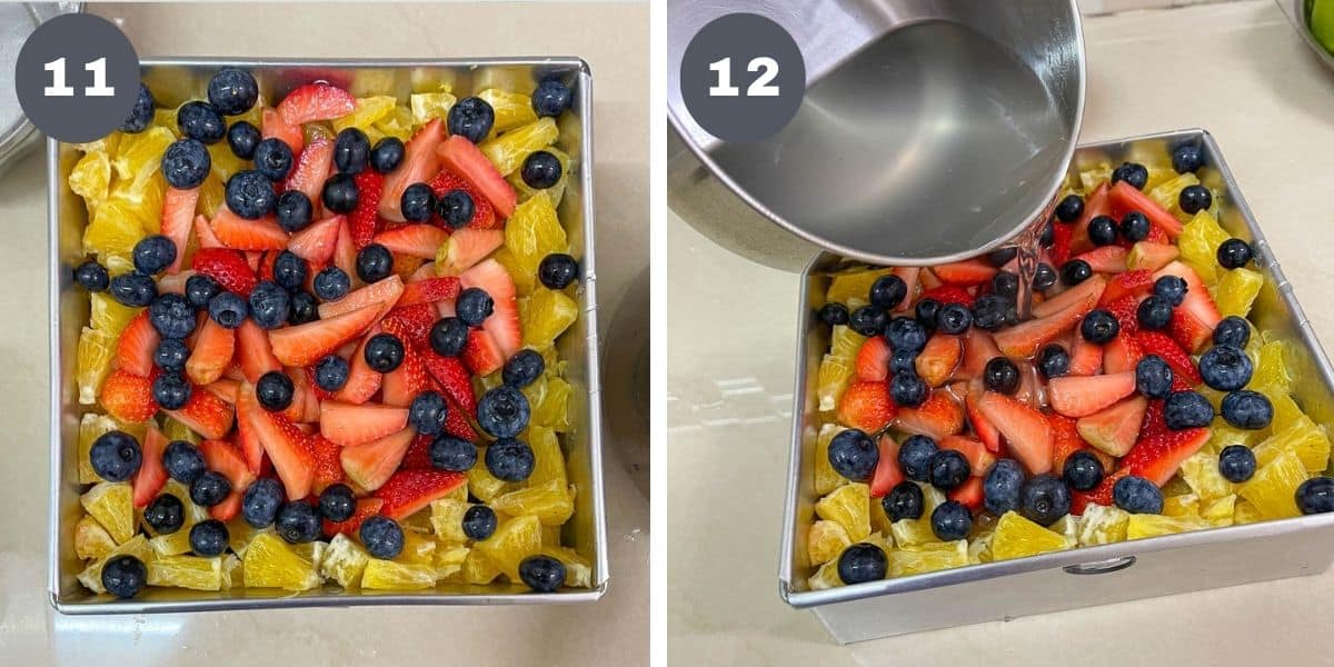Fruits in a square tin and pouring jelly into the tin.