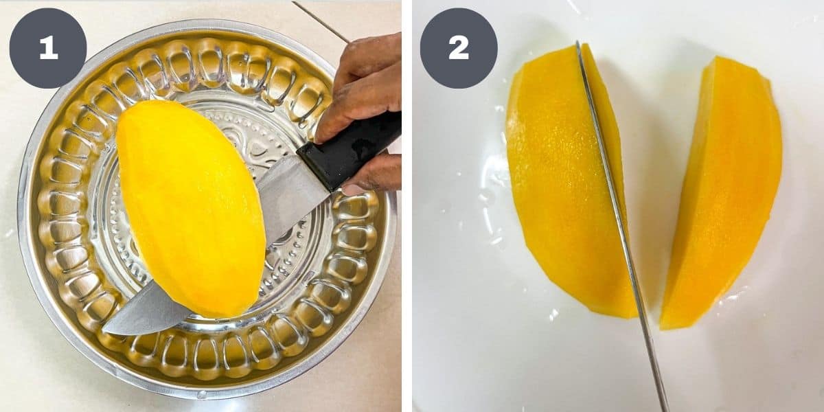 Slicing a mango with a knife.
