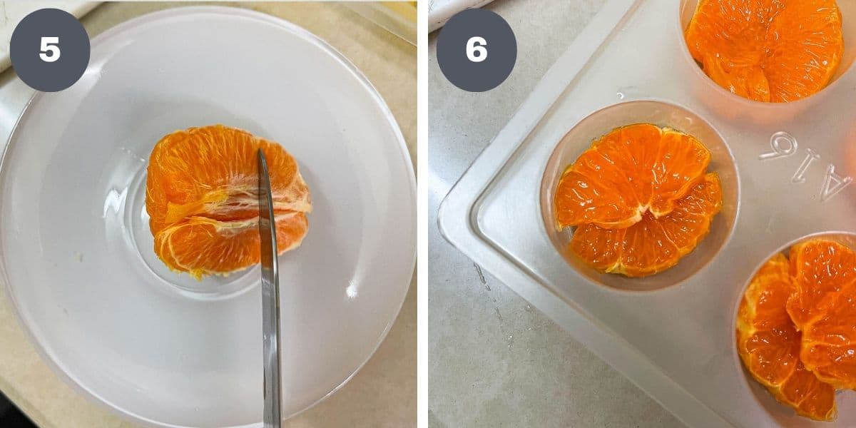 Slicing orange segments with knife and sliced orange segments in jelly molds.