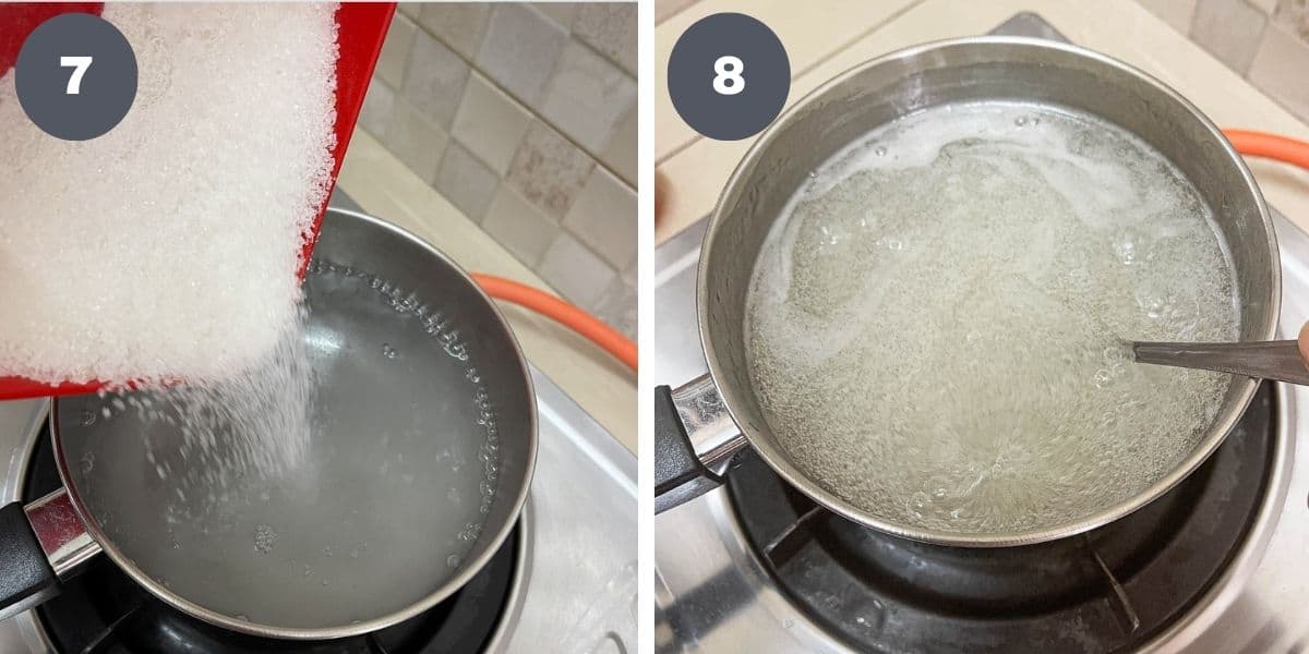 Adding sugar and jelly powder into hot water and boiling solution in a saucepan.