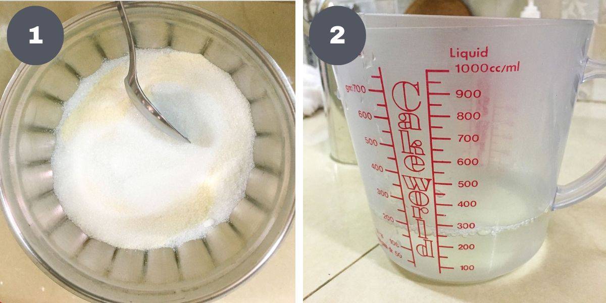Mixing sugar and jelly powder in a bowl and liquid in a measuring jug.