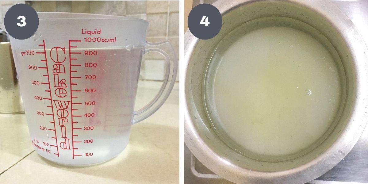 Water in a measuring jug and in a pot.
