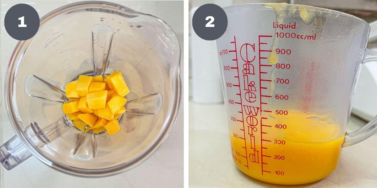 Cubed mango in a blender jug and a measuring cup filled with mango puree.