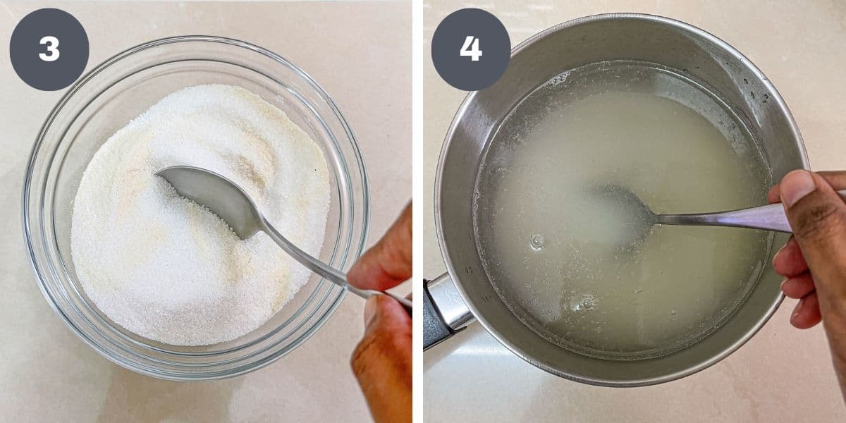Mixing sugar and agar agar powder in a bowl and stirring liquid in a pot.