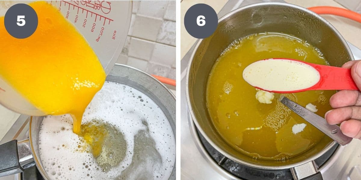 Pouring mango puree into jelly solution and pouring cream into mango jelly.