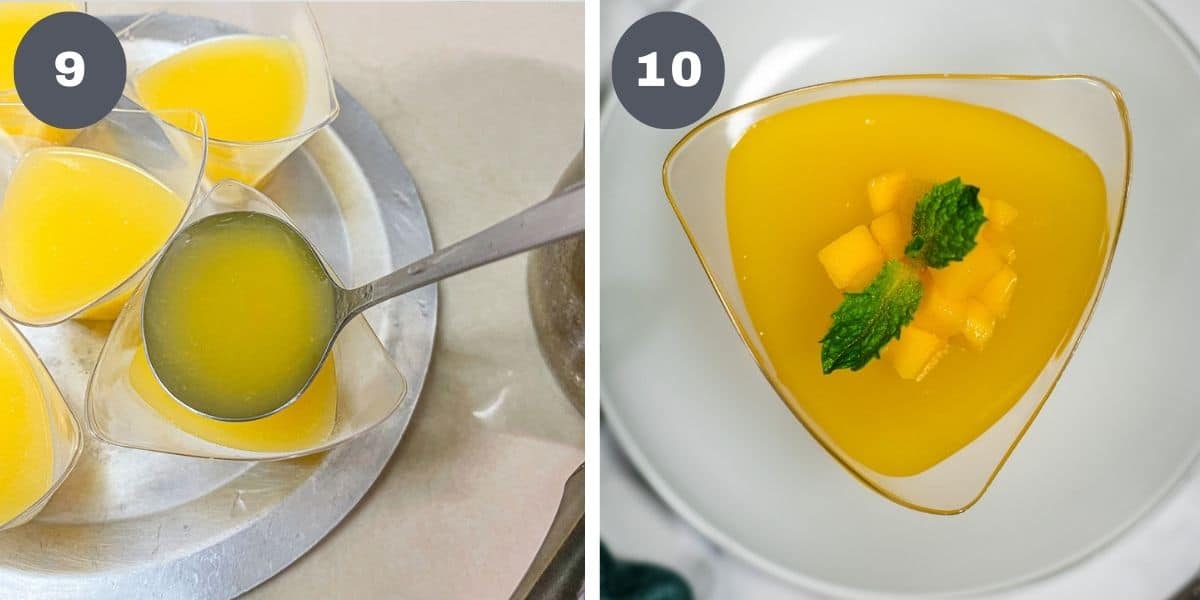 Pouring yellow jelly into molds and a cup of jelly topped with mango cubes and mint leaves.