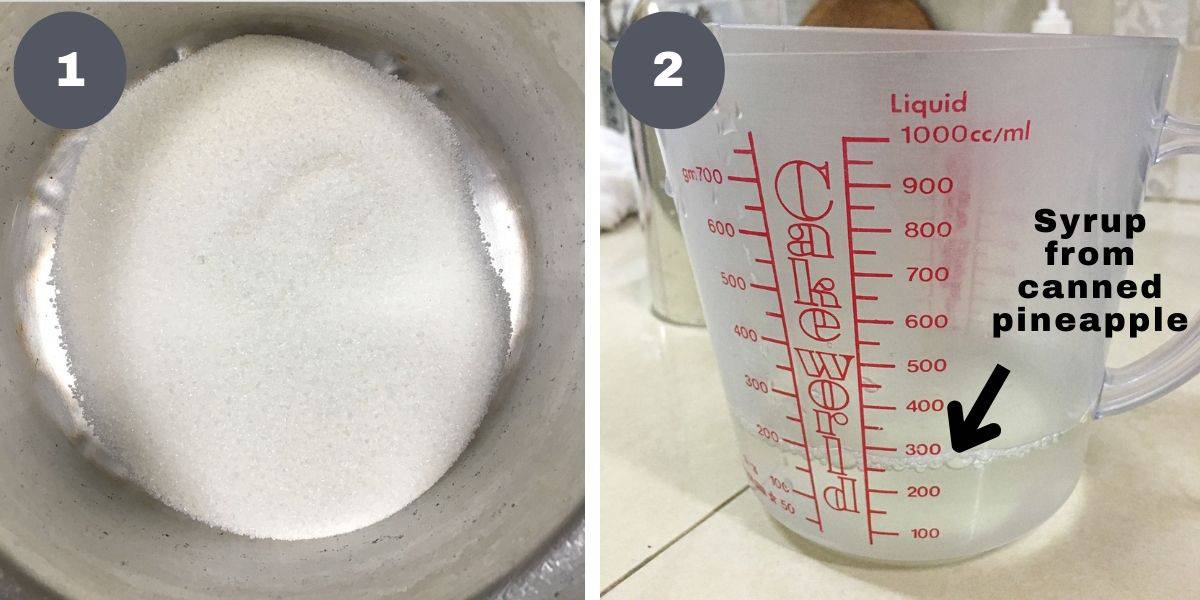 Sugar in a pot and liquid in a measuring cup.