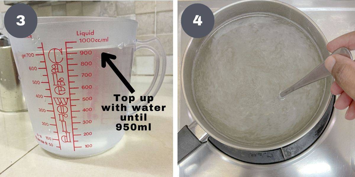 Water in a measuring cup and a pot of boiling liquid.